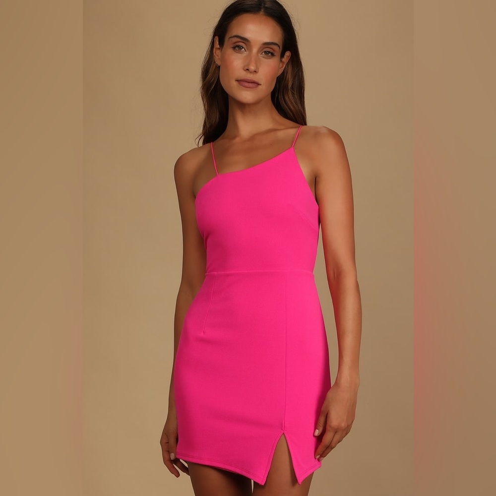 Lulus Party for Two Hot Pink Asymmetrical Body-con Dress Mini Dress-Size Small
